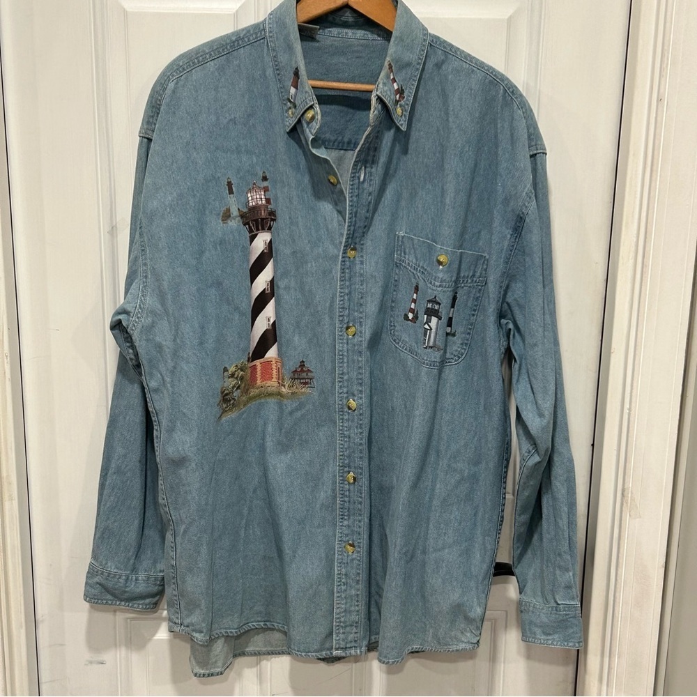 Woman’s Denim Button Up Long Sleeve Shirt, Lighthouse Coastal Cottagecore, Sz L